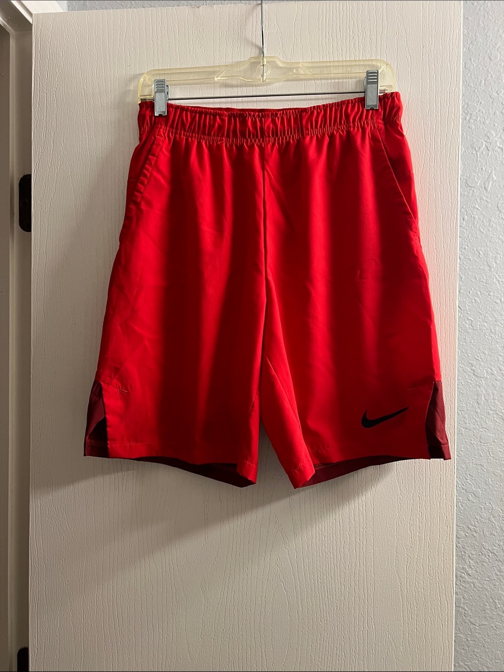 Nike Men’s Red Athletic Training Shorts with Black Swoosh